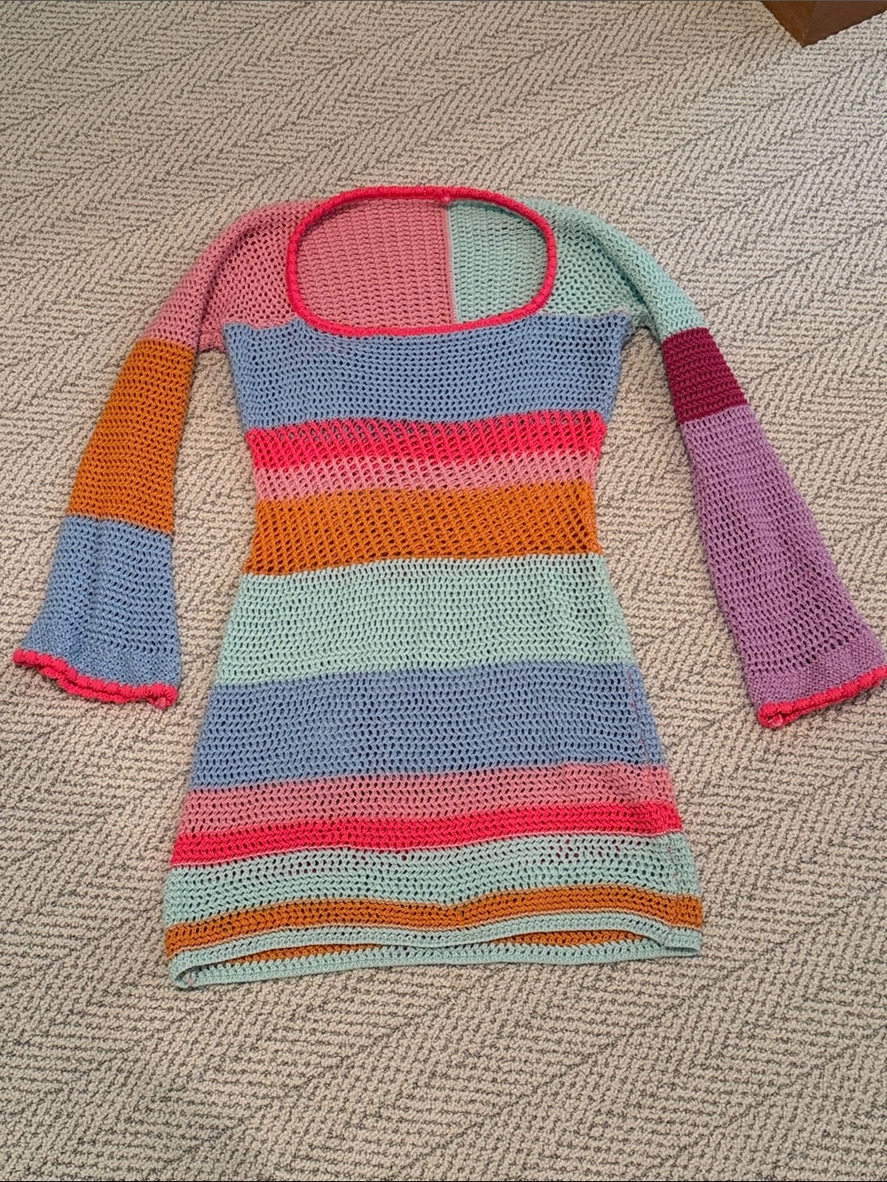 Striped Crochet Long-Sleeve Dress Sweater in Pastel & Bright Stripes